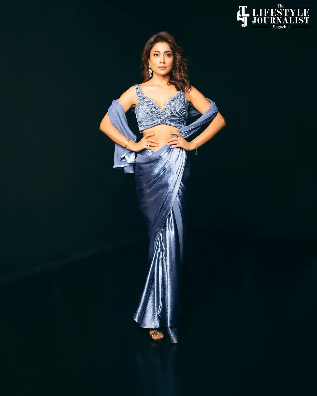 SHRIYA SARAN STILLS IN BLUE SAREE SLEEVELESS BLOUSE 5